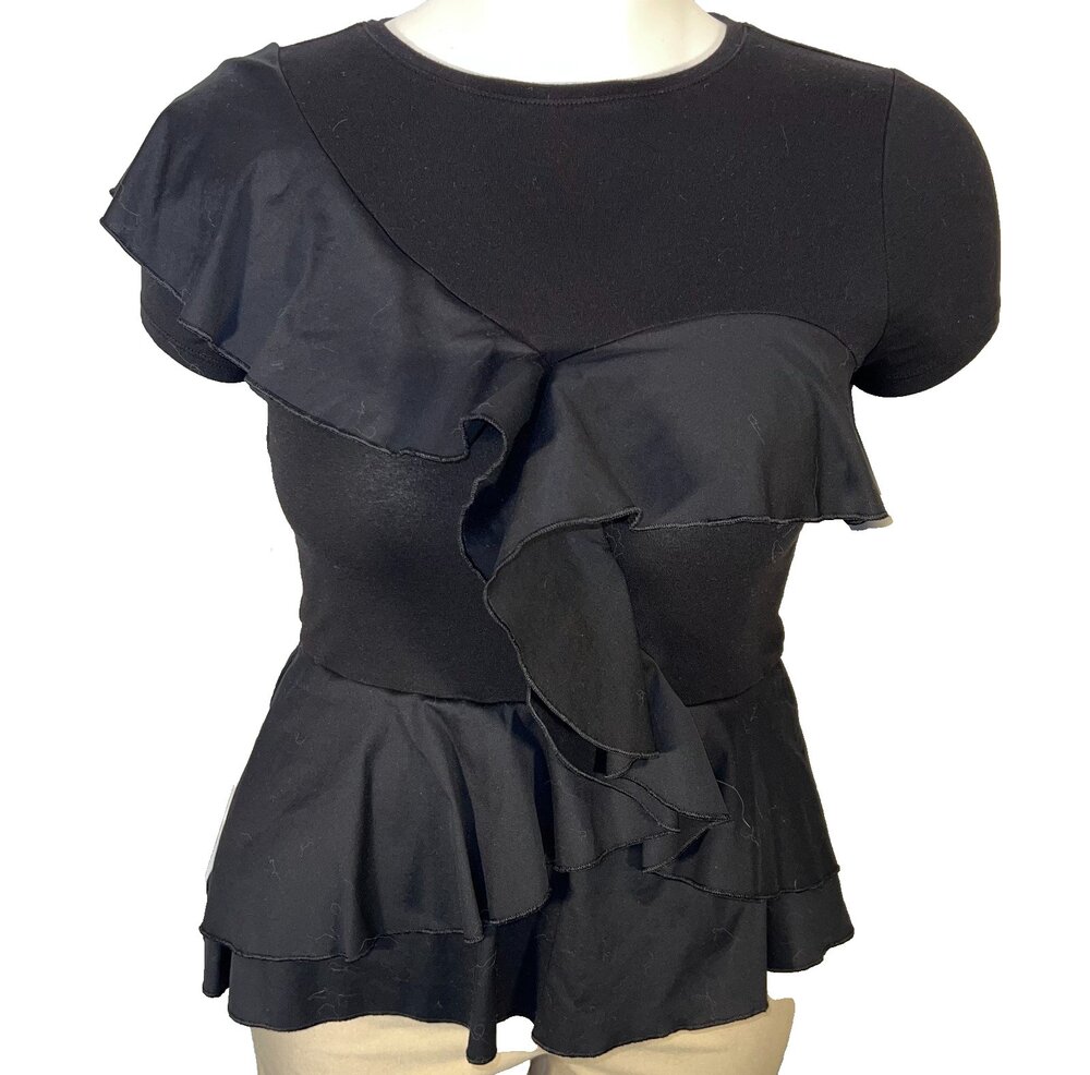 WHBM Top Blouse Womens S Solid Black Mixed Media Peplum Crew Neck Short Sleeve